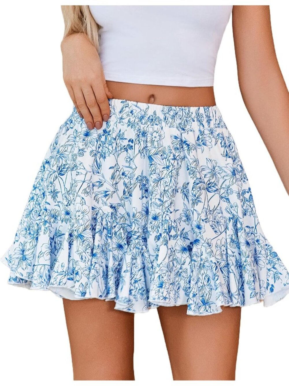 Women's Blue Rose Polyester Pleated Flared Ruffle Elastic Waistband Mini Skirt